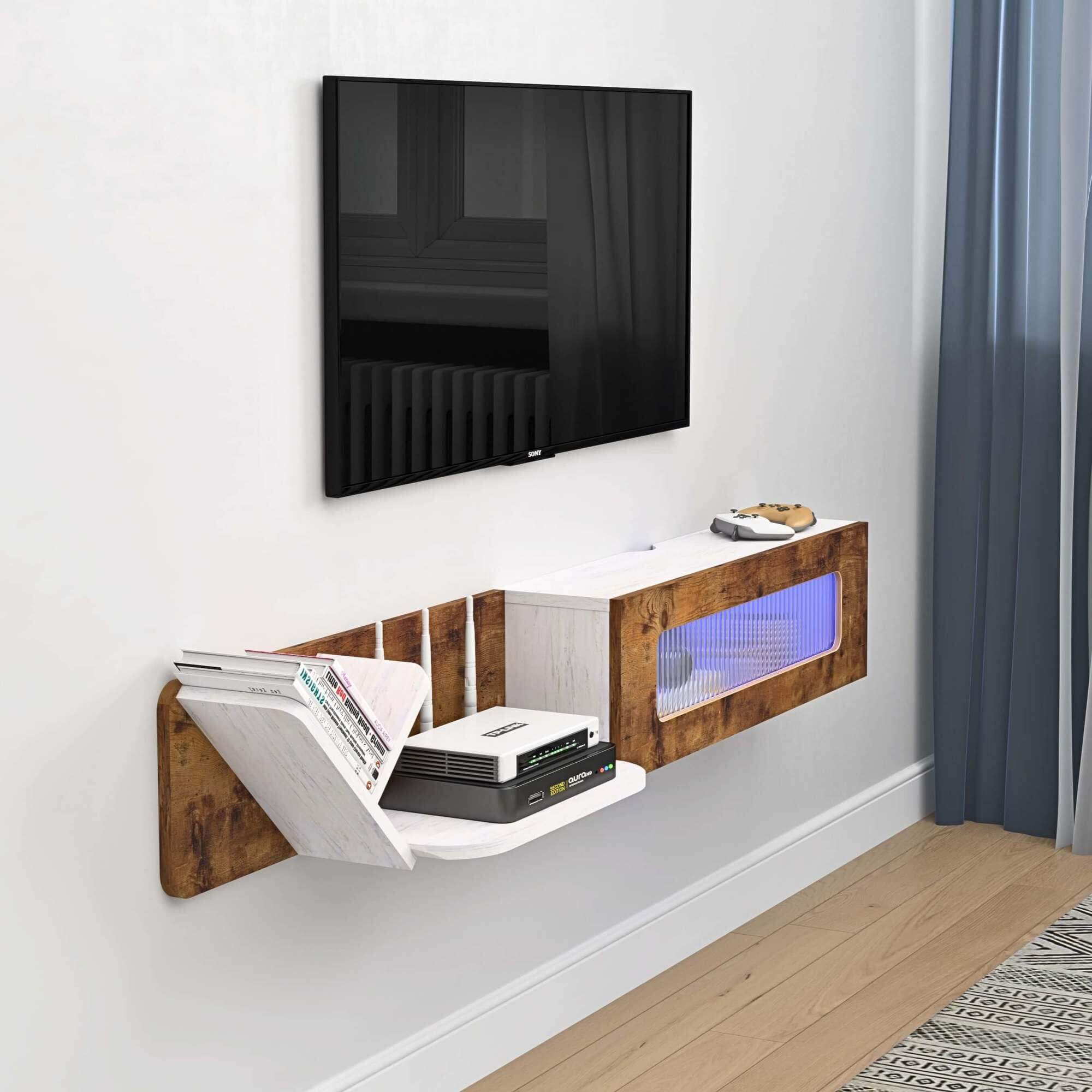 Custom Modern Plywood Floating TV Stand with LED Lights and Glass Door Media Console