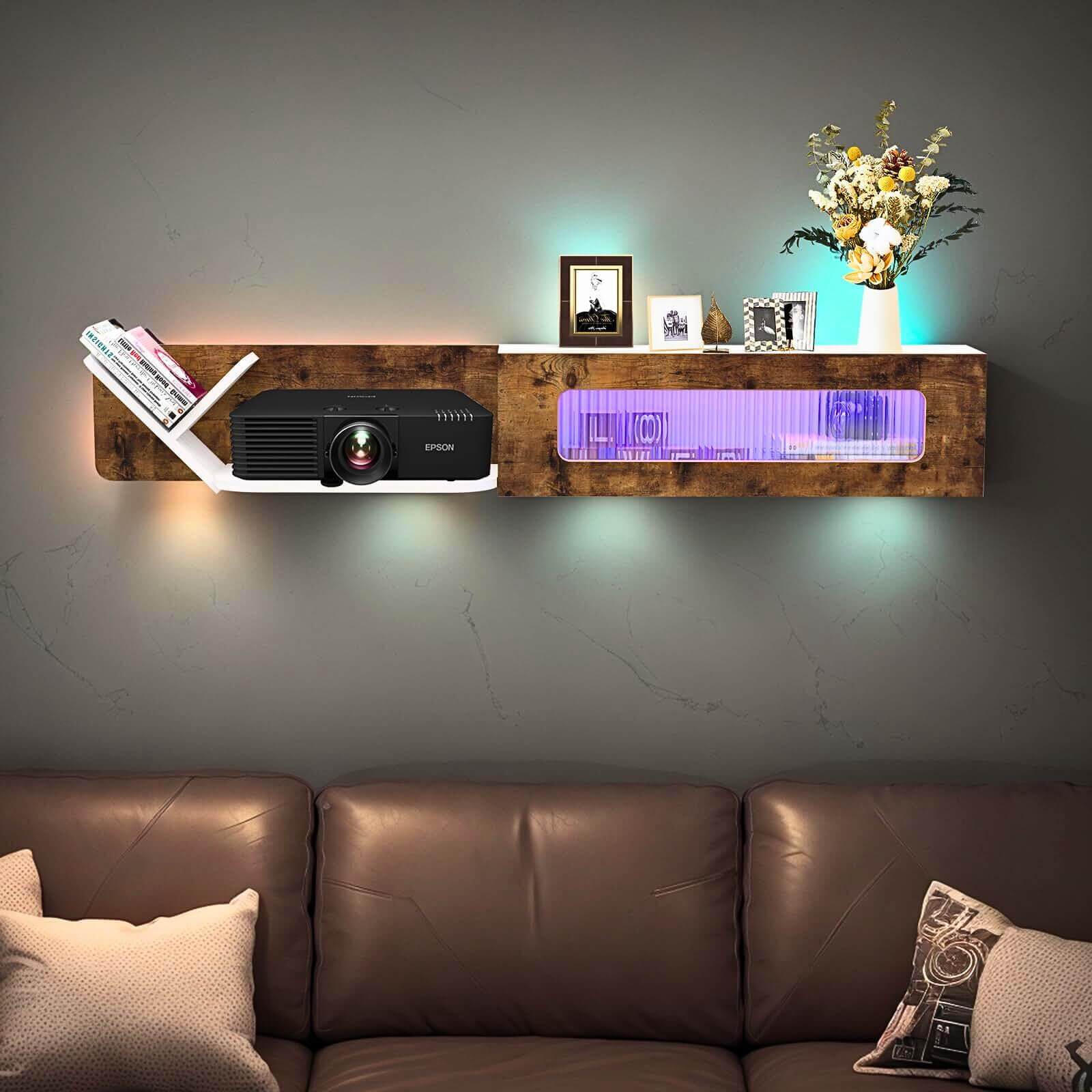 Custom Modern Plywood Floating TV Stand with LED Lights and Glass Door Media Console
