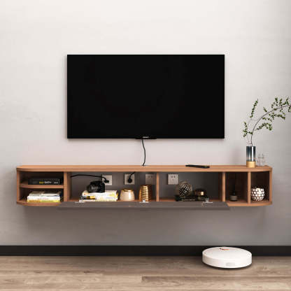 Plywood Floating TV Stand Shelf with Storage Cubbies for 50 inch TV, Walnut