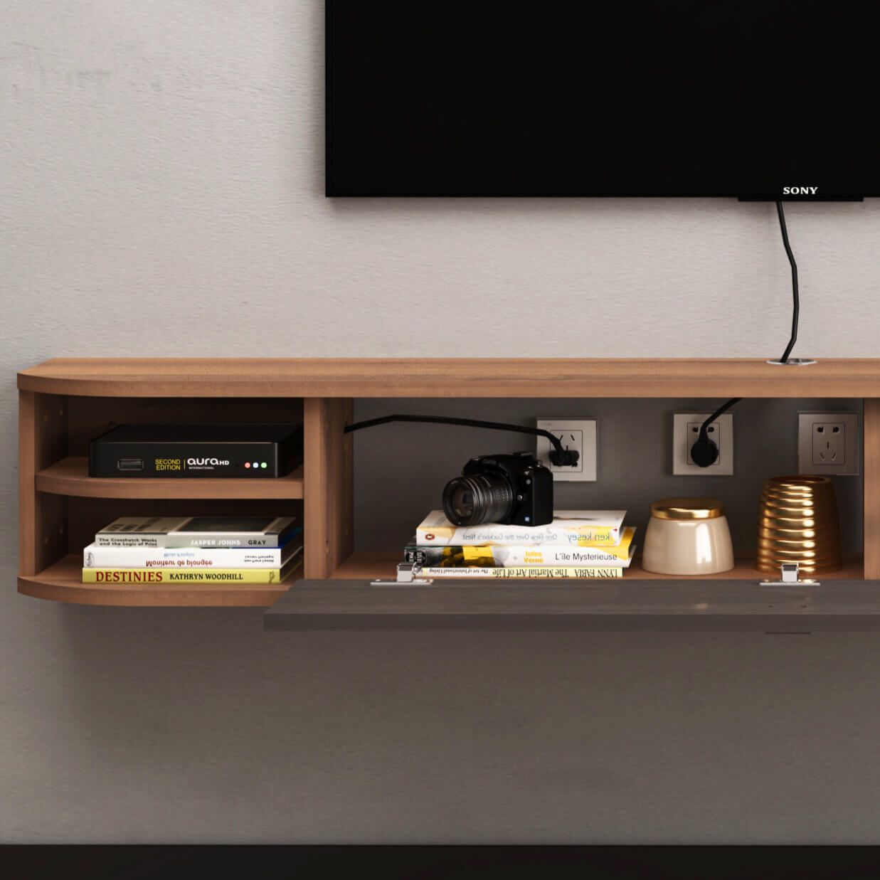Plywood Floating TV Stand Shelf with Storage Cubbies for 50 inch TV, Walnut