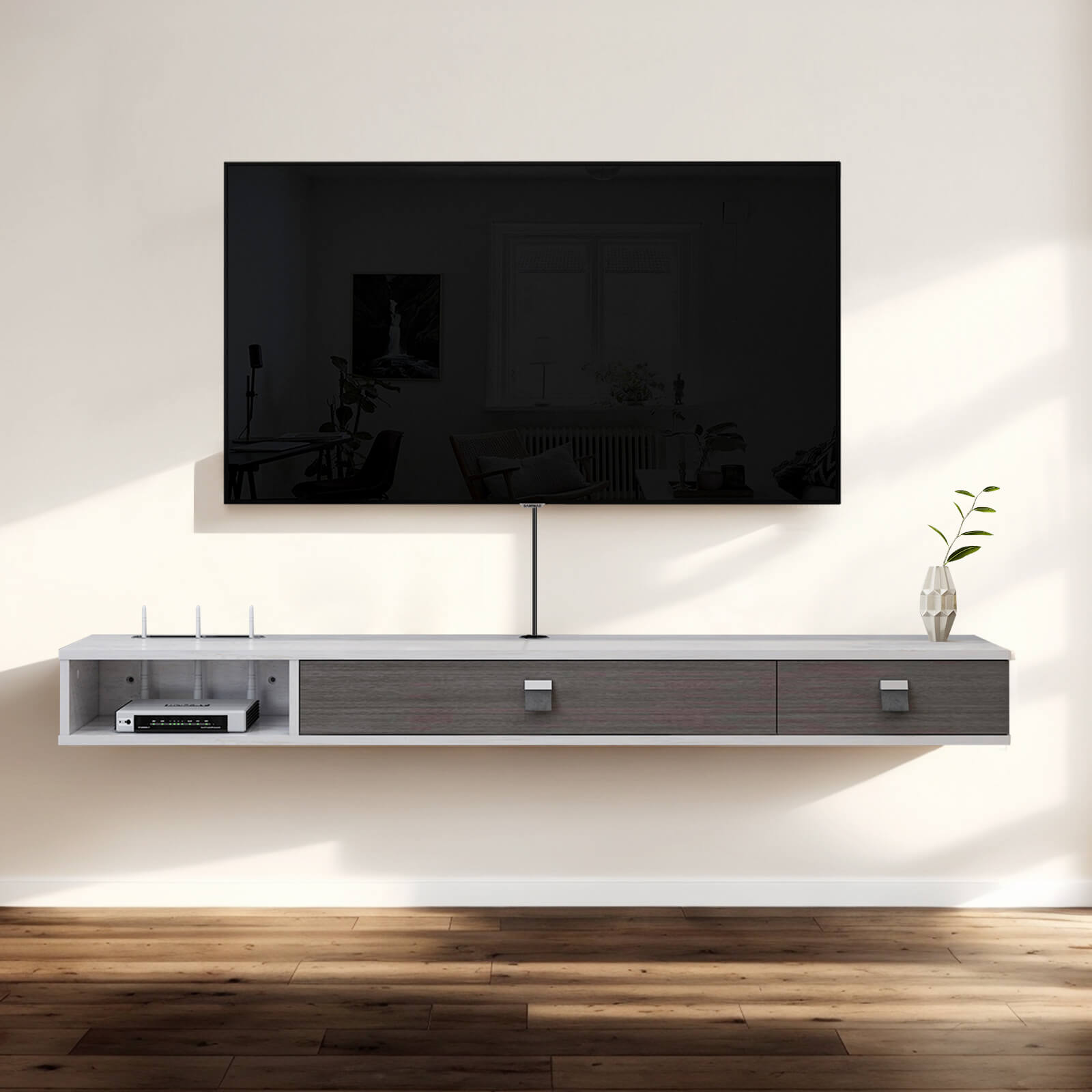 White Plywood Floating TV Stand Wall Shelf with Two Doors for 50" Tele
