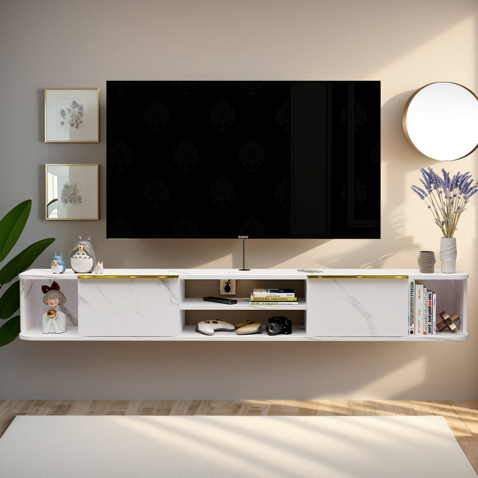 63" Plywood Modern Floating TV Stand for 65" 70"  TVs with Drawers & Golden Accent, White