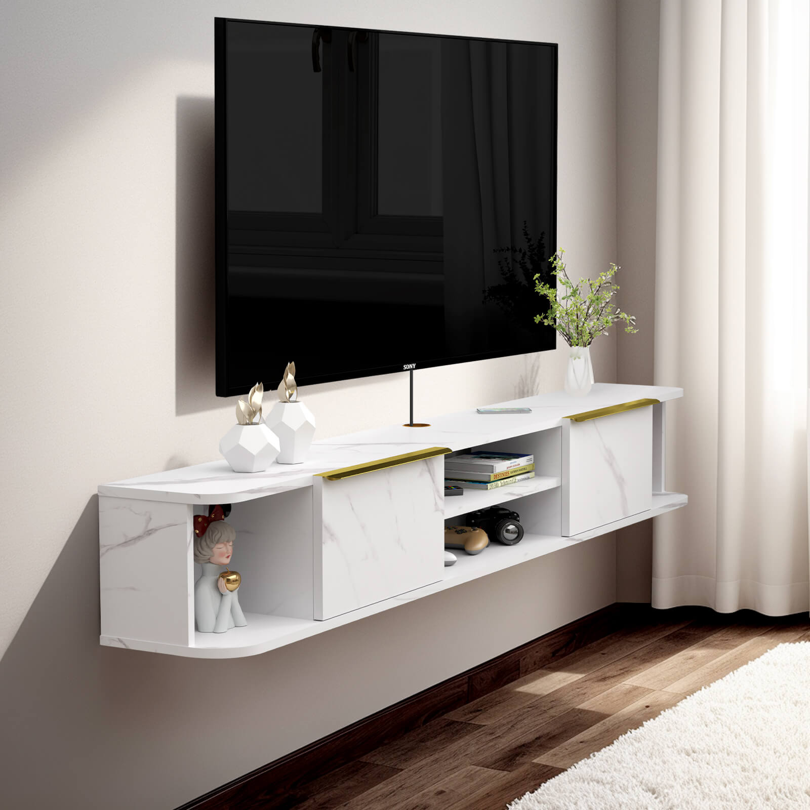 Custom Plywood Modern Floating TV Stand with Golden Accent Drawers Media Console