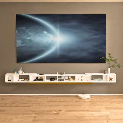 Retractable Modern Wood Floating TV Stand, Marble White with Golden Accent