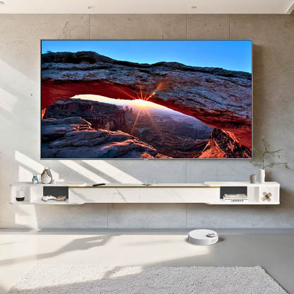 Retractable Modern Wood Floating TV Stand, Marble White with Golden Ac