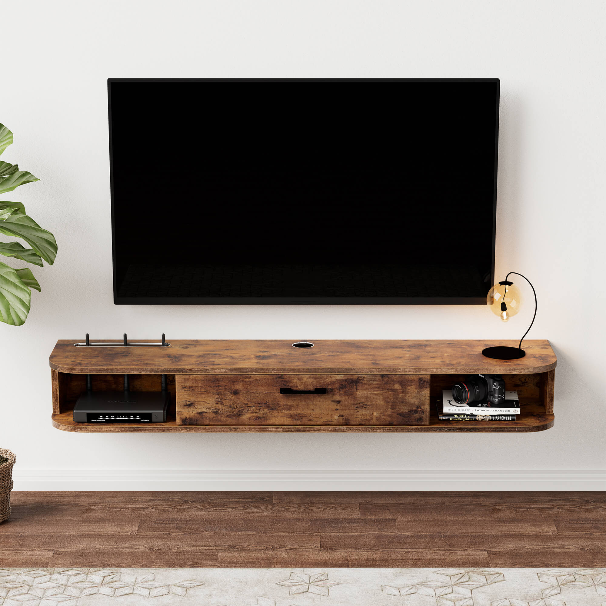 Rustic Brown Plywood Slim Floating Entertainment Center for 50 Inch TVs
