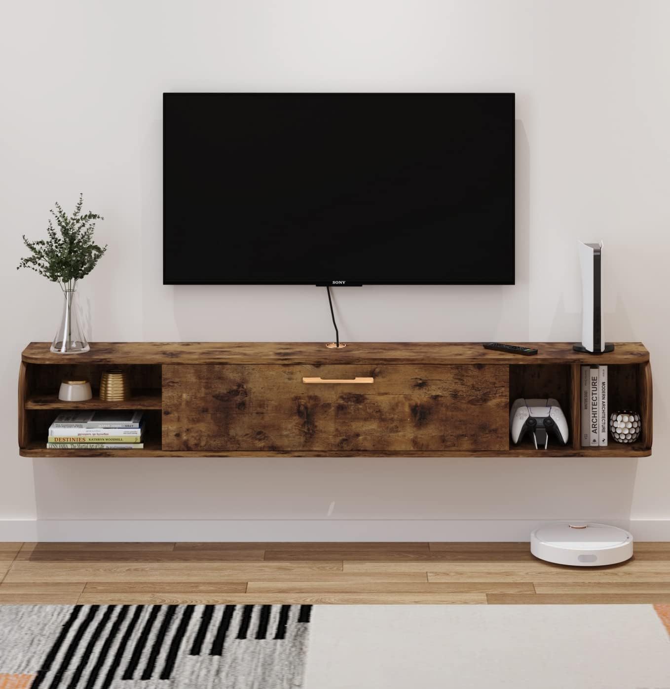Custom Modern Wood Floating TV Stand with Gold Accent Media Console