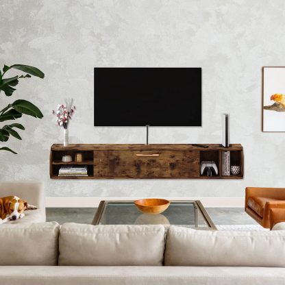 Custom Modern Wood Floating TV Stand with Gold Accent Media Console
