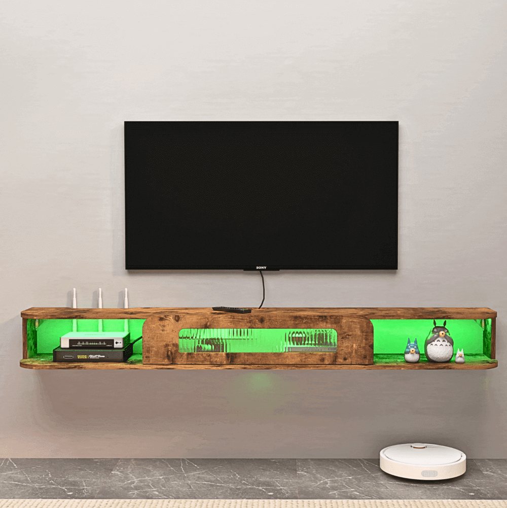 Custom Wood Floating TV Stand Wall Shelf with LED Lights and Glass Door Media Console