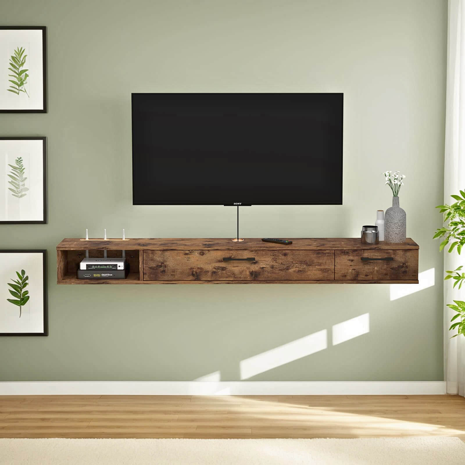 Customize Rustic Floating TV Stand with Two-Door Cabinets Media Consol