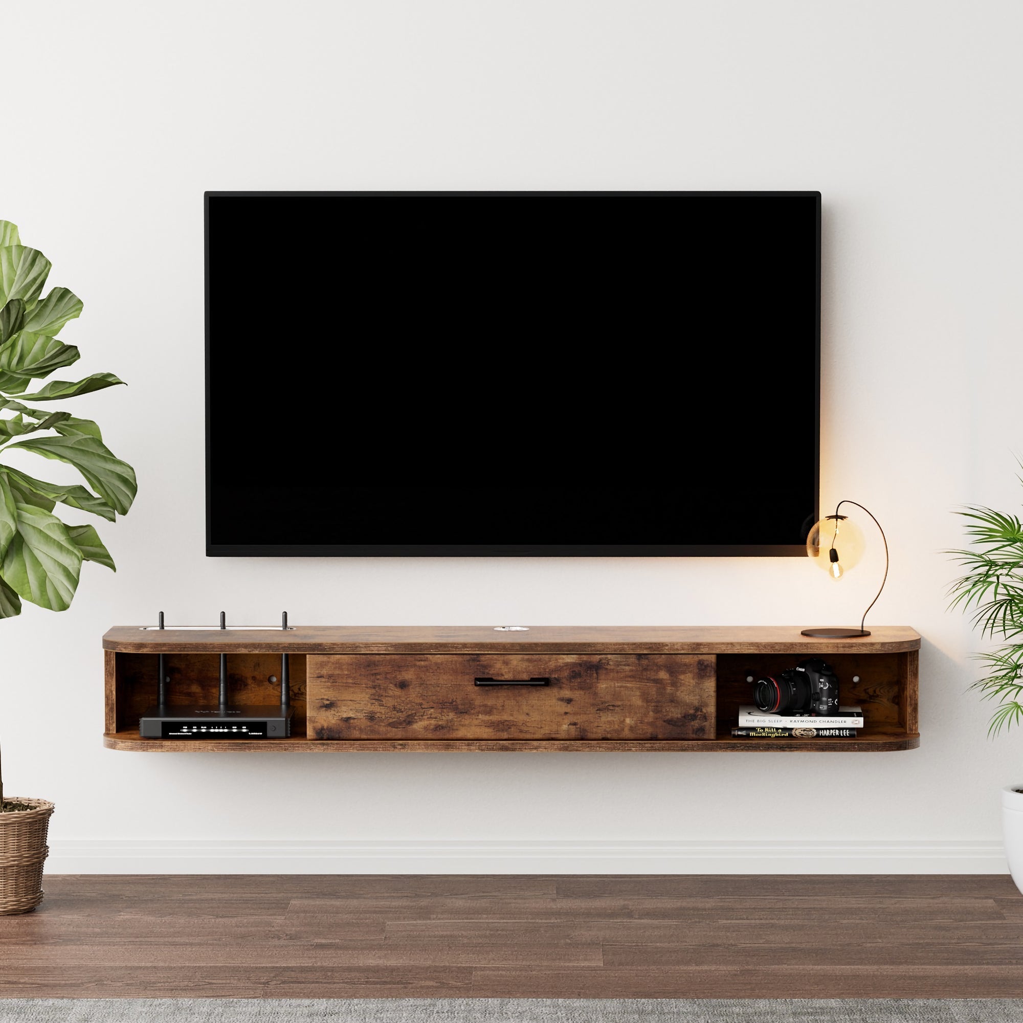 Rustic Brown Plywood Slim Floating Entertainment Center for 50 Inch TV