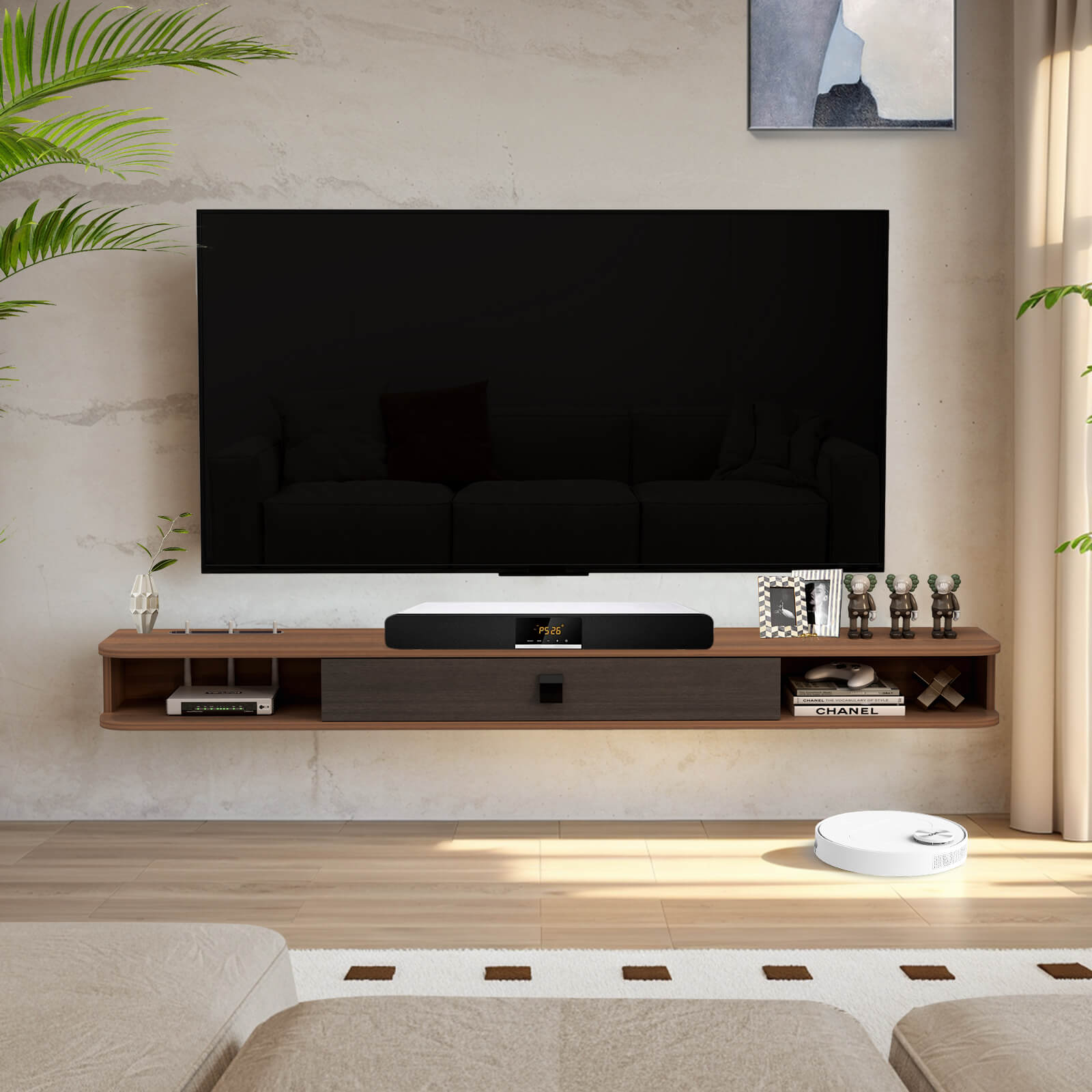 70.86" Walnut Plywood Slim Floating TV Stand for 75" 80" TV