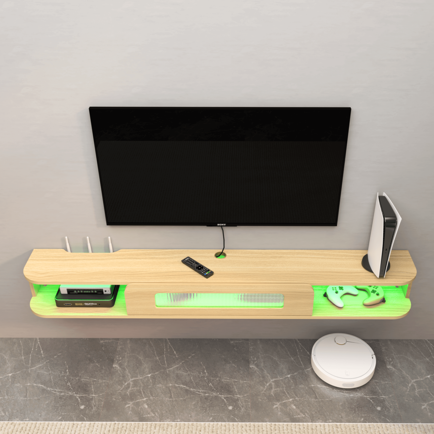 Floating TV Stand with LED Lights and Glass Door for 50" TVs, Light Oak