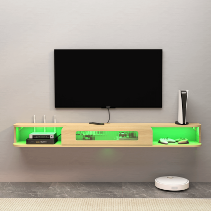 Floating TV Stand with LED Lights and Glass Door for 50" TVs, Light Oa