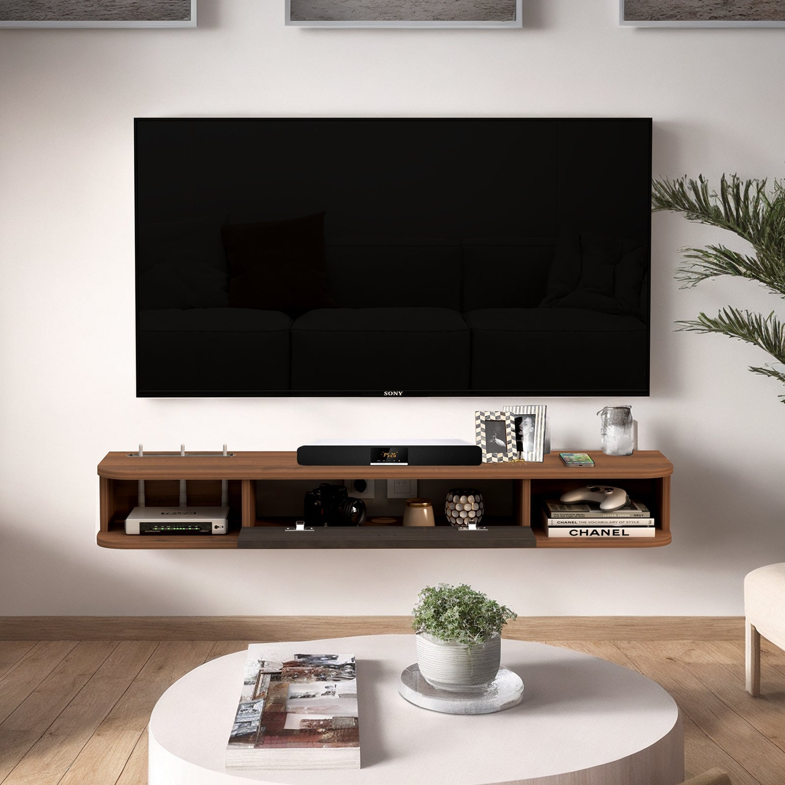 Walnut Plywood Slim Floating TV Stand Wall Shelf for 50 Inch TVs