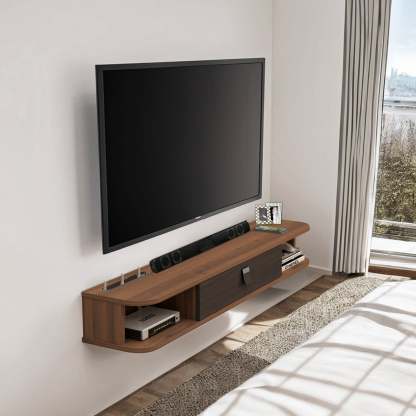 Walnut Plywood Slim Floating TV Stand Wall Shelf for 50 Inch TVs