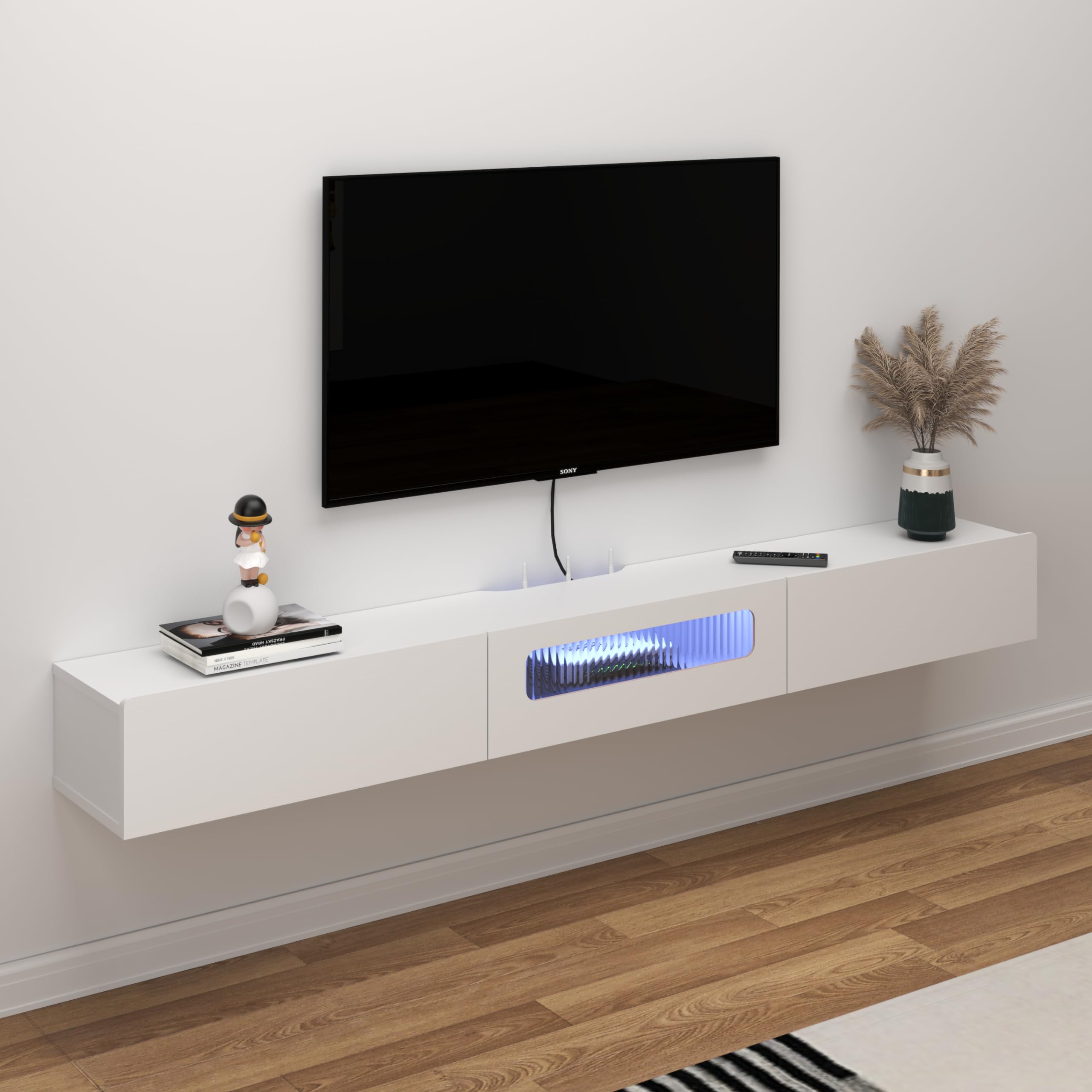 78.74" White Floating TV Stand Glass Door with LED Lights and Storage Drawers Media Console