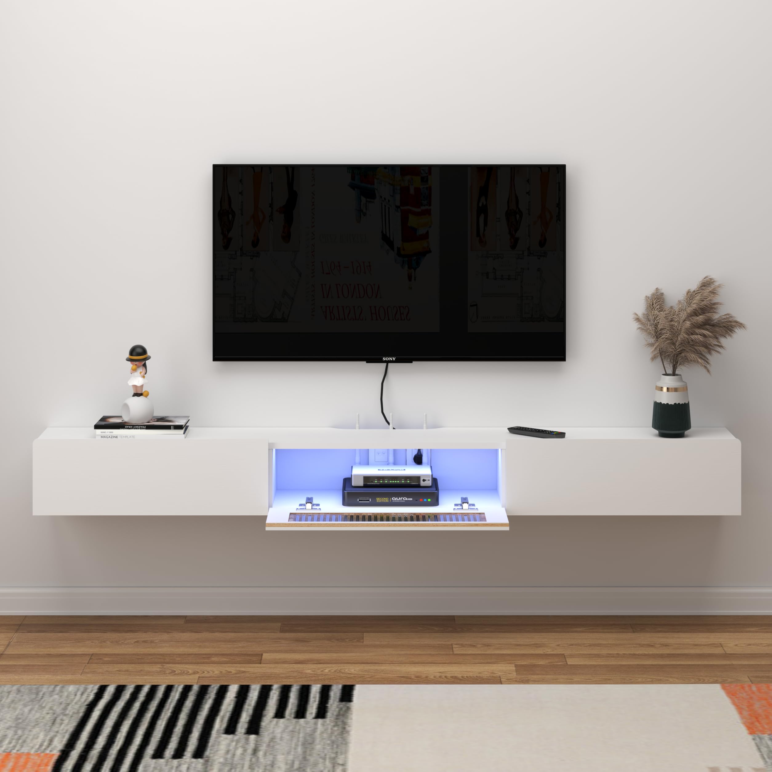 78.74" White Floating TV Stand Glass Door with LED Lights and Storage Drawers Media Console