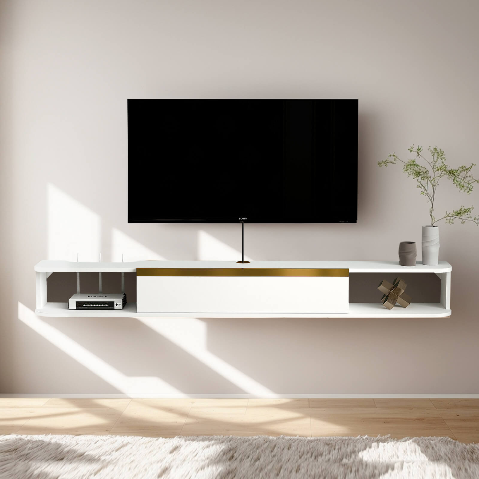 White Plywood Floating TV Stand Wall Shelf with Golden Accent for 50" TVs