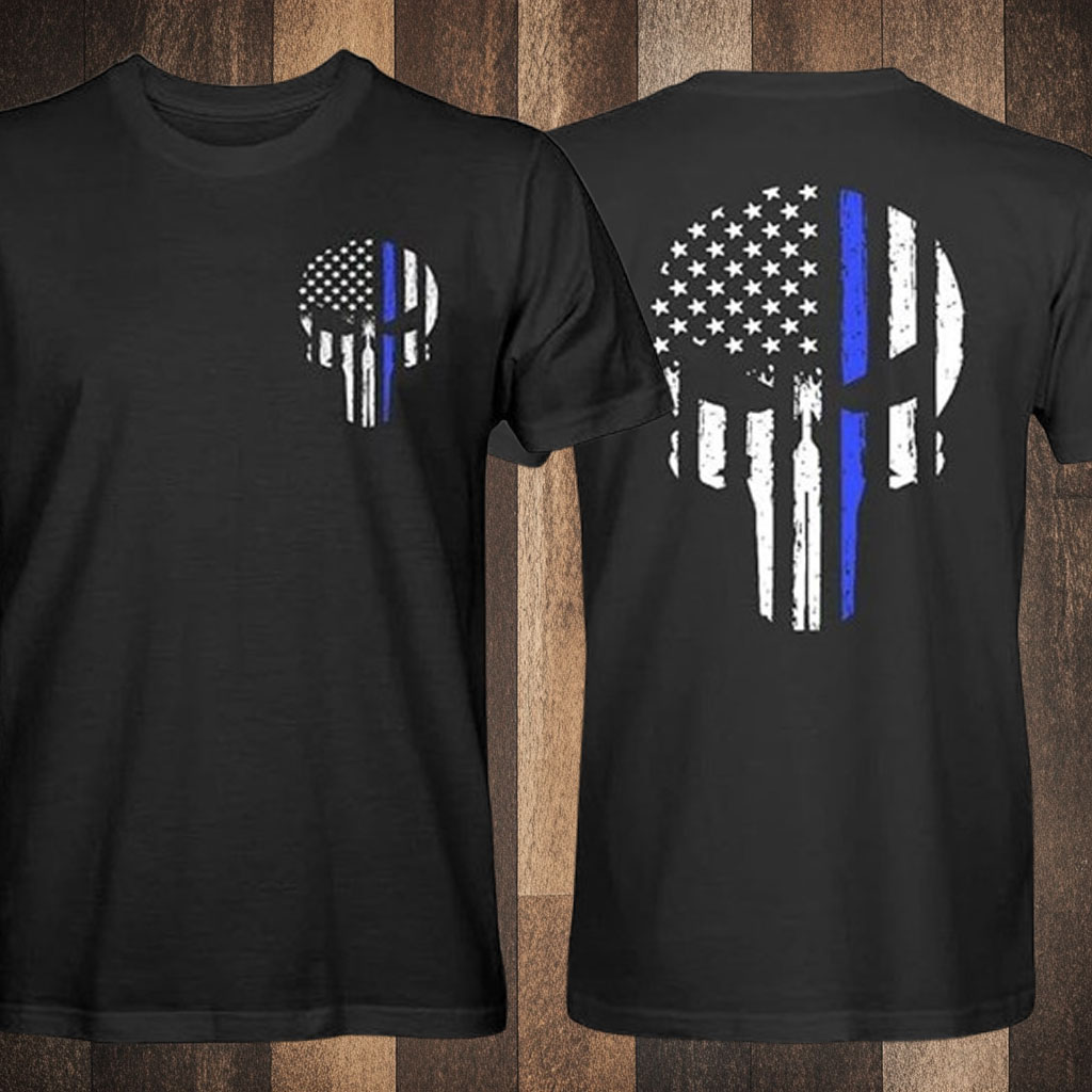American Flag Skull Service Men's Thin Red, Blue Line T-Shirt