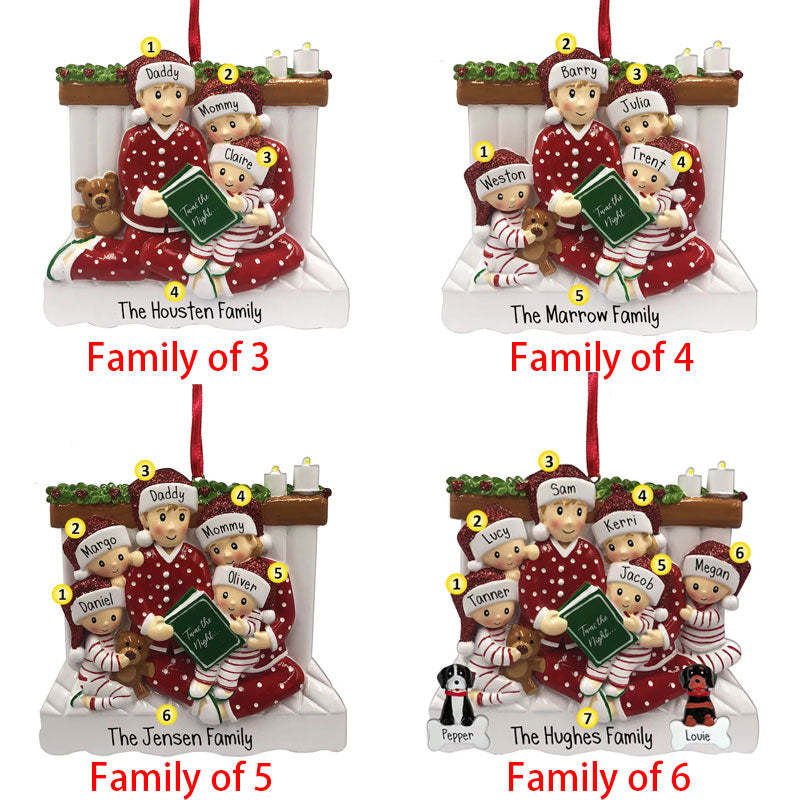 Family of 3 4 5 Ornament with Pet Dog Personalized People Pajama Family, 2023 PJ Family Reading Story Kid Child