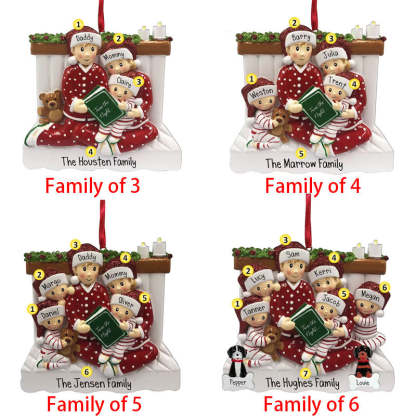 Family of 3 4 5 Ornament with Pet Dog Personalized People Pajama Family, 2023 PJ Family Reading Story Kid Child