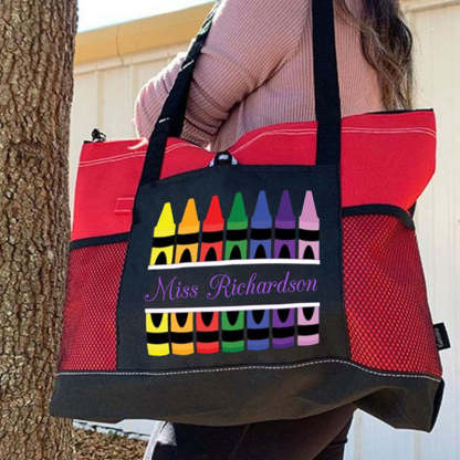 Personalized Teacher Crayons Tote Bag with Mesh Pockets Gift