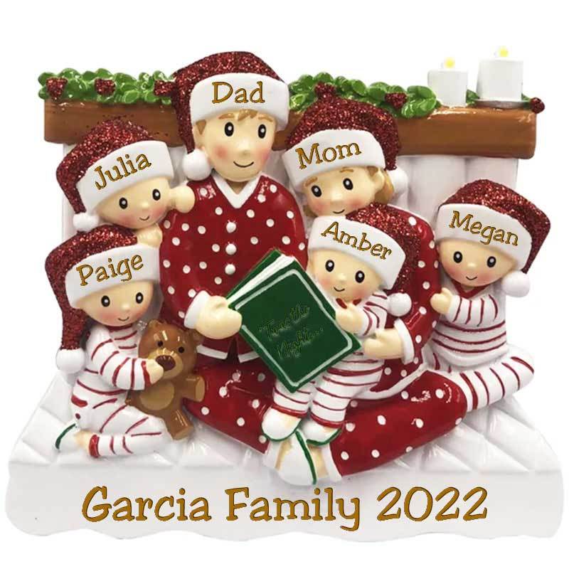 Family of 3 4 5 Ornament with Pet Dog Personalized People Pajama Family, 2023 PJ Family Reading Story Kid Child