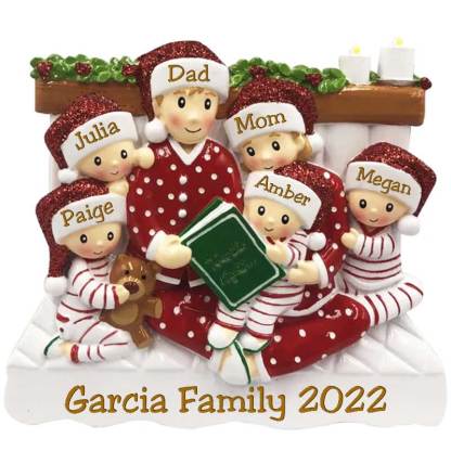 Family of 3 4 5 Ornament with Pet Dog Personalized People Pajama Family, 2023 PJ Family Reading Story Kid Child