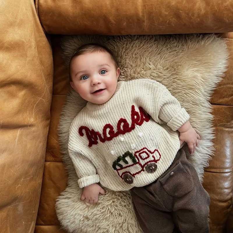 Christmas and Holiday Hand Embroidered Personalized Name Oversized Sweater for Babies