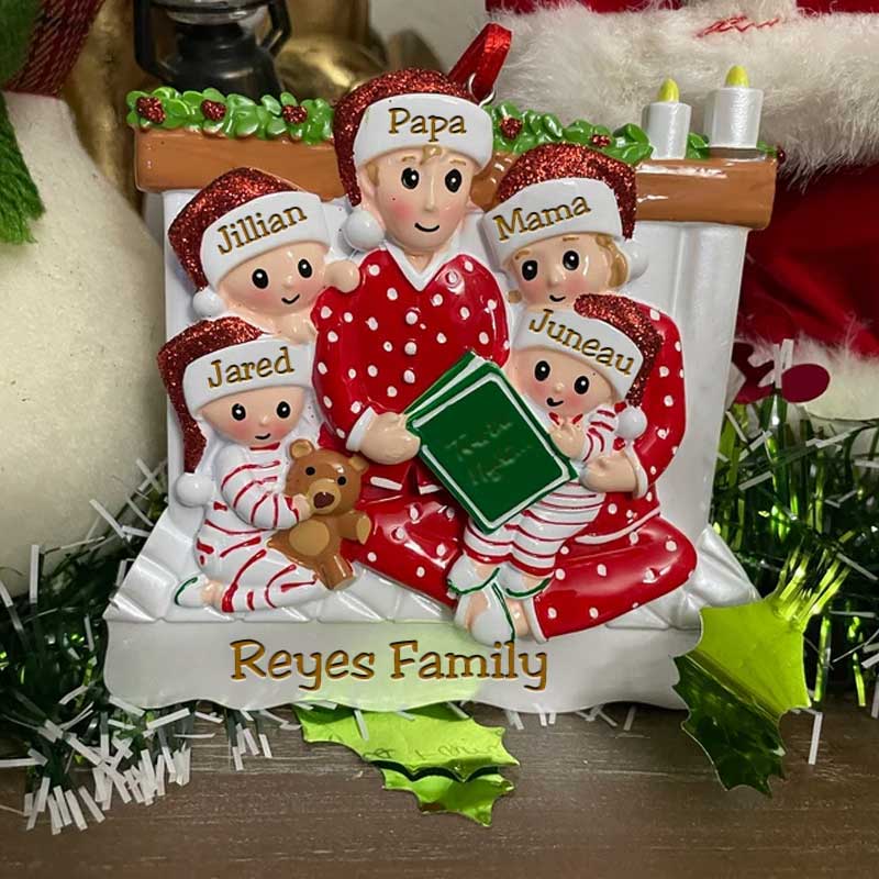 Family of 3 4 5 Ornament with Pet Dog Personalized People Pajama Family, 2023 PJ Family Reading Story Kid Child