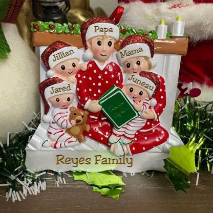 Family of 3 4 5 Ornament with Pet Dog Personalized People Pajama Family, 2023 PJ Family Reading Story Kid Child