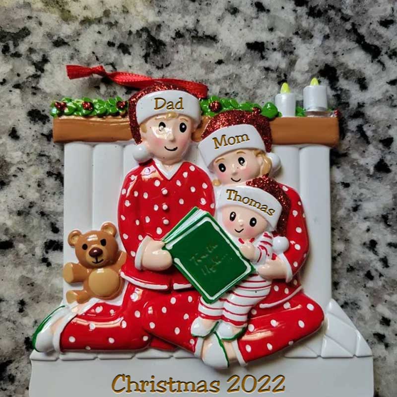Family of 3 4 5 Ornament with Pet Dog Personalized People Pajama Family, 2023 PJ Family Reading Story Kid Child