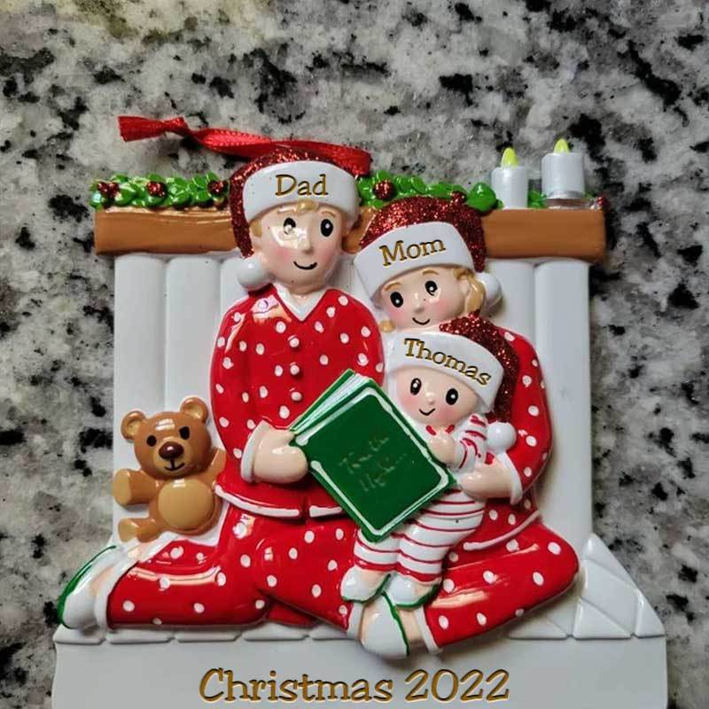Family of 3 4 5 Ornament with Pet Dog Personalized People Pajama Family, 2023 PJ Family Reading Story Kid Child