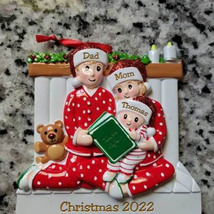 Family of 3 4 5 Ornament with Pet Dog Personalized People Pajama Family, 2023 PJ Family Reading Story Kid Child