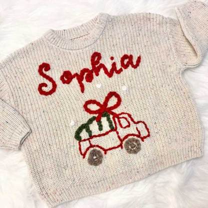 Christmas and Holiday Hand Embroidered Personalized Name Oversized Sweater for Babies