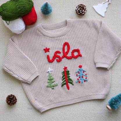 Christmas and Holiday Hand Embroidered Personalized Name Oversized Sweater for Babies