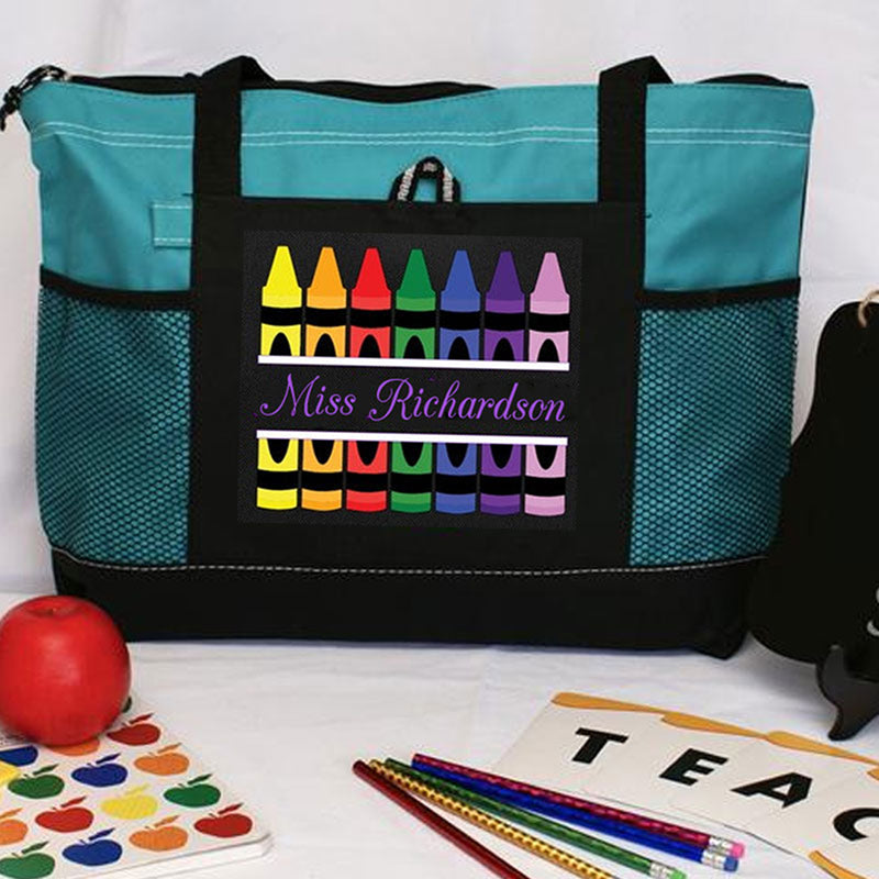 Personalized Teacher Crayons Tote Bag with Mesh Pockets Gift