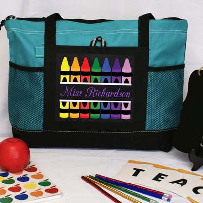 Personalized Teacher Crayons Tote Bag with Mesh Pockets Gift