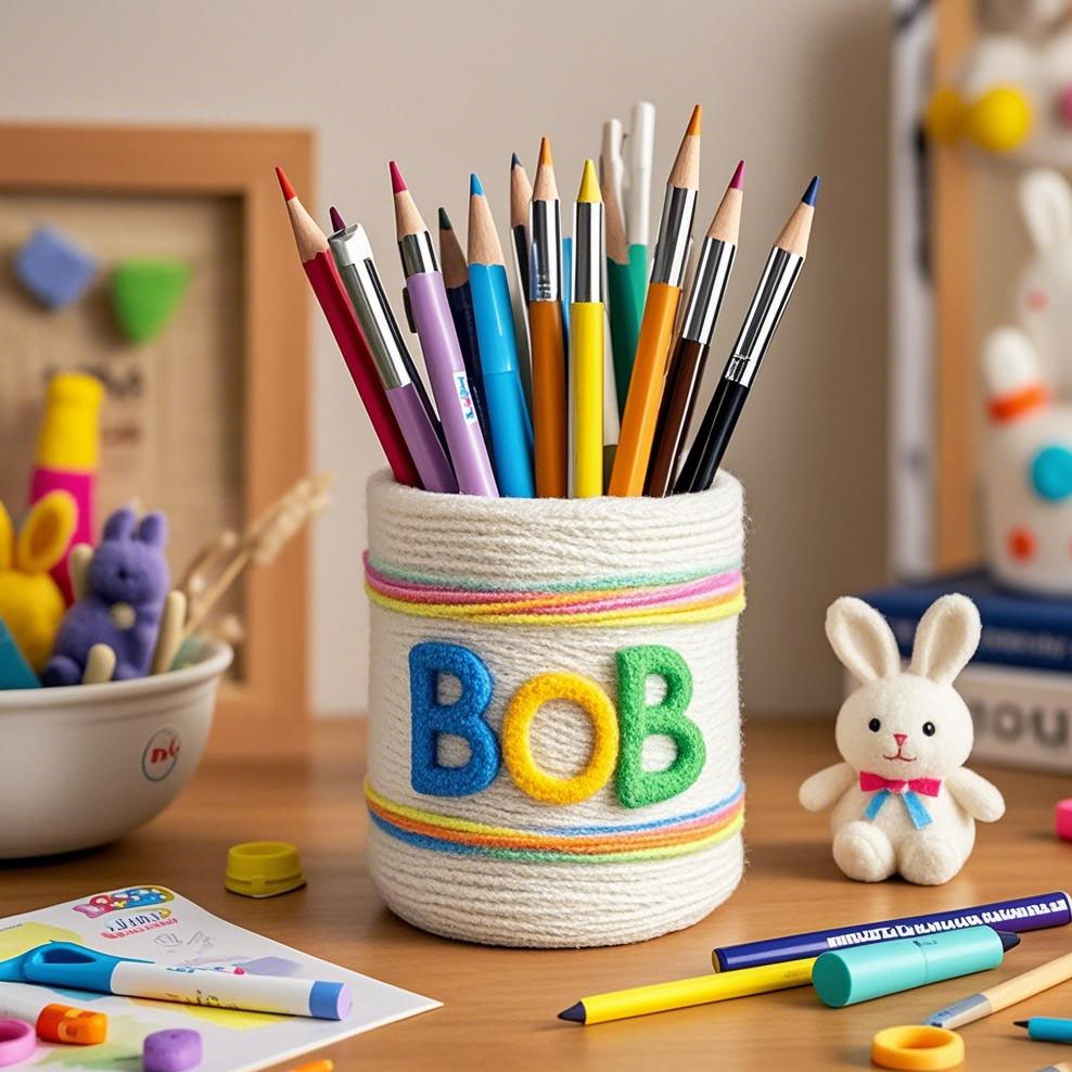 Personalized Knitting Pen Holder Handmade Desk Decor With Kids Name