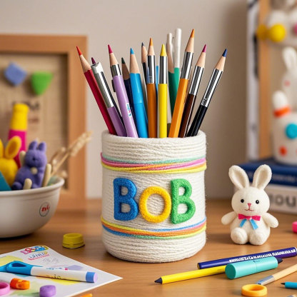 Personalized Knitting Pen Holder Handmade Desk Decor With Kids Name