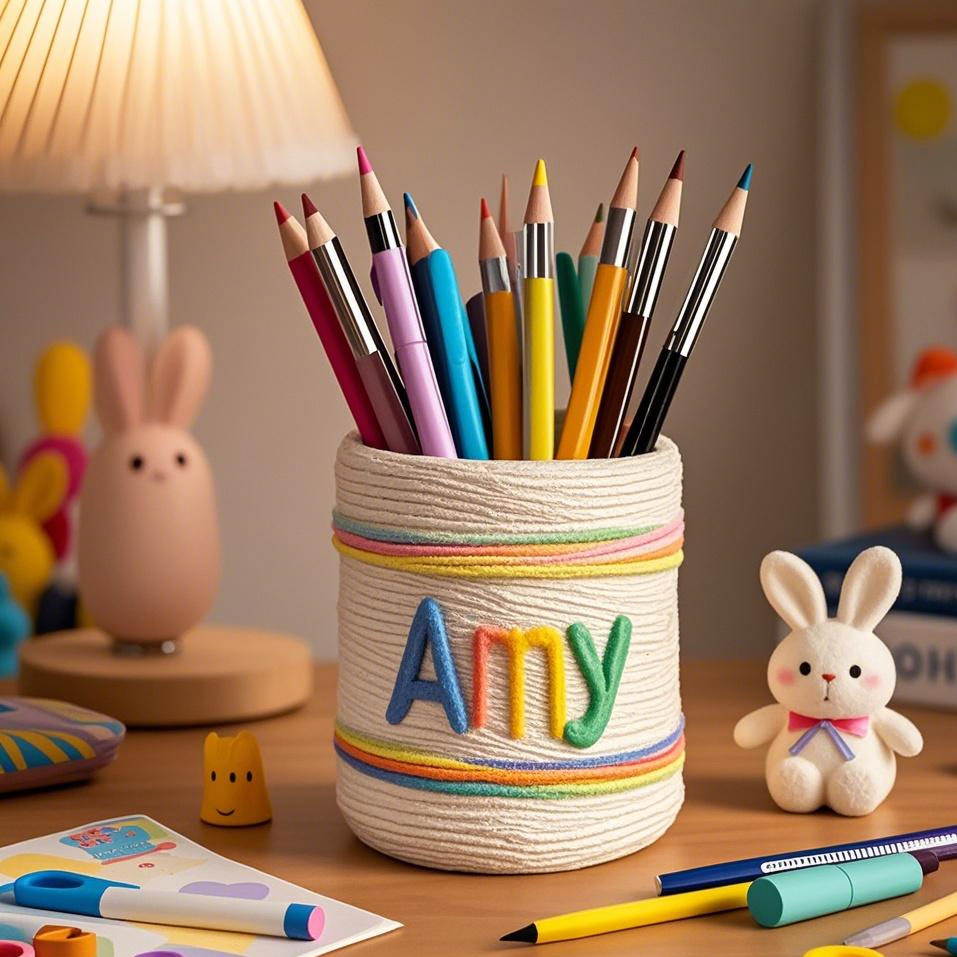 Personalized Knitting Pen Holder Handmade Desk Decor With Kids Name