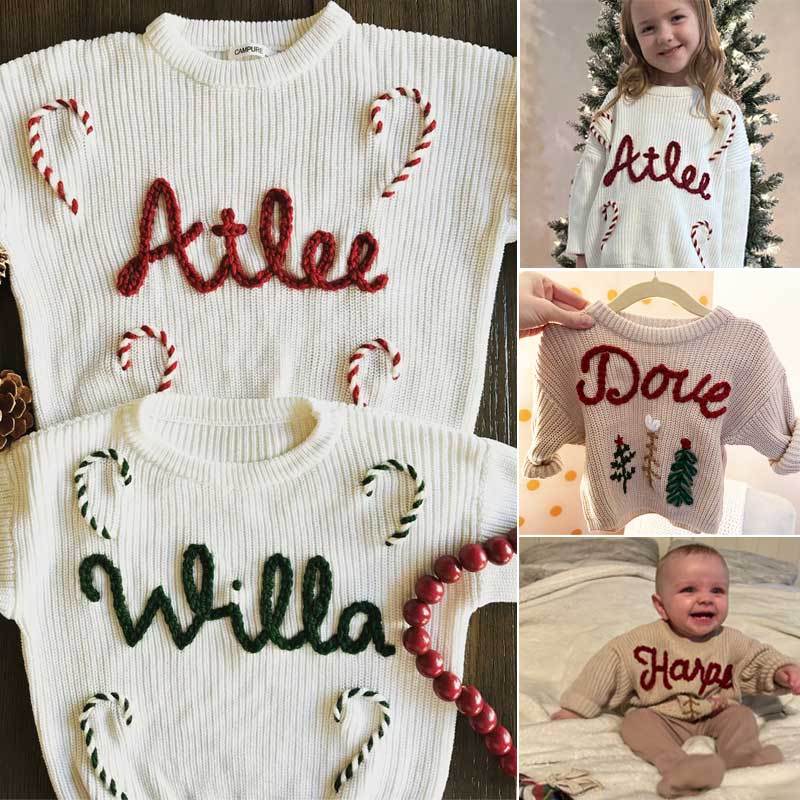 Christmas and Holiday Hand Embroidered Personalized Name Oversized Sweater for Babies
