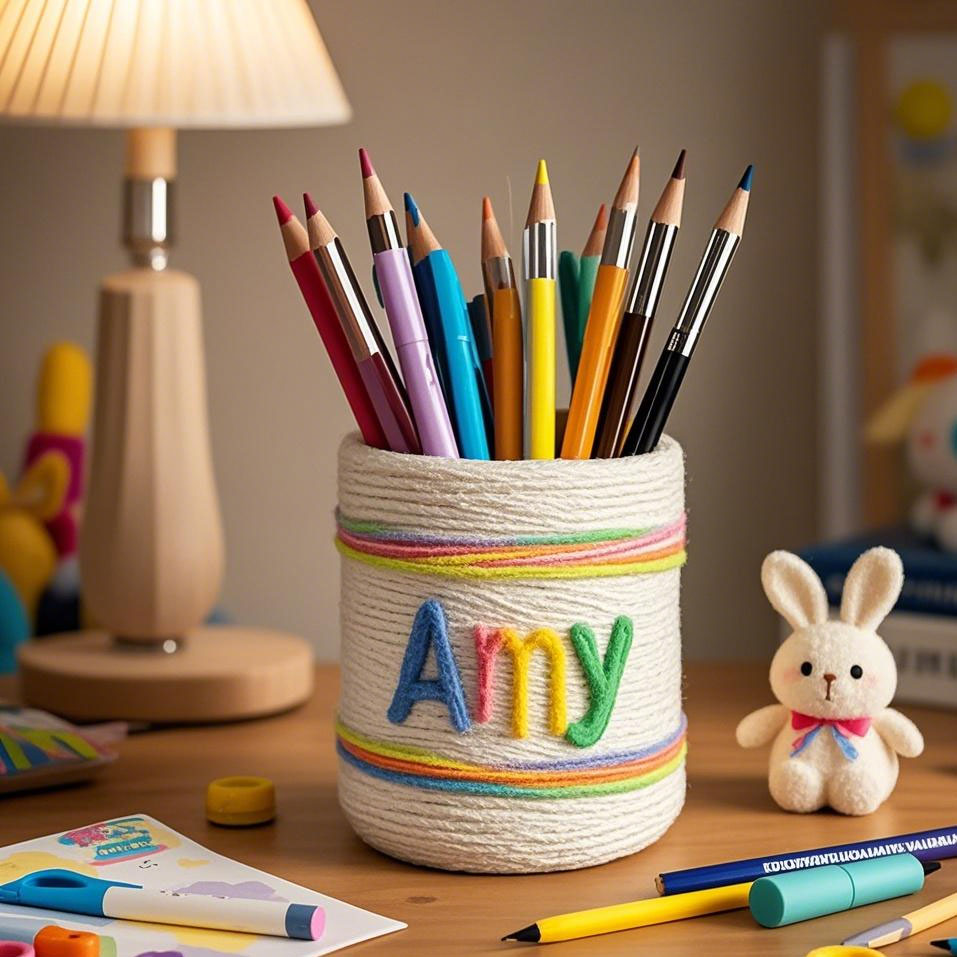 Personalized Knitting Pen Holder Handmade Desk Decor With Kids Name