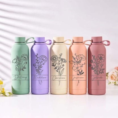 Personalized Birth Flower Tumbler Engraved Water Bottle Travel Water Bottle