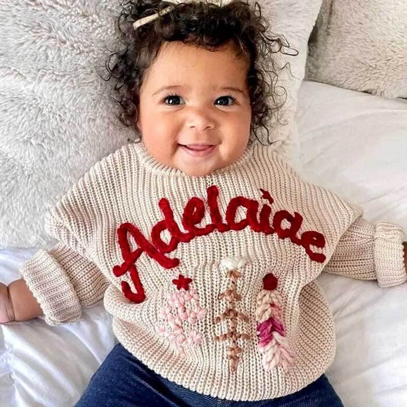 Christmas and Holiday Hand Embroidered Personalized Name Oversized Sweater for Babies