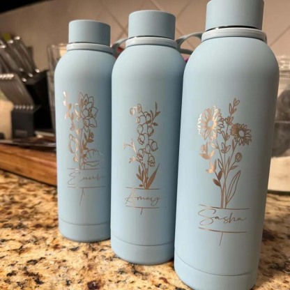 Personalized Birth Flower Tumbler Engraved Water Bottle Travel Water Bottle