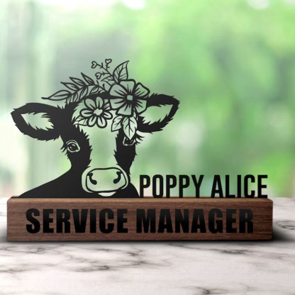 Custom Floral Cow Desk Name Plate Wedge Tabletop Plaque Farm Gifts Decor