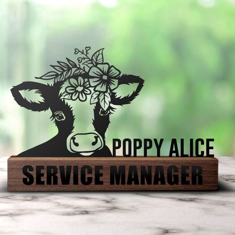 Custom Floral Cow Desk Name Plate Wedge Tabletop Plaque Farm Gifts Decor
