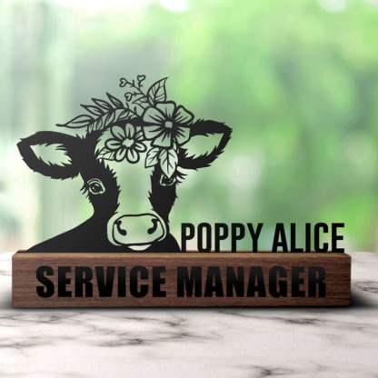 Custom Floral Cow Desk Name Plate Wedge Tabletop Plaque Farm Gifts Decor